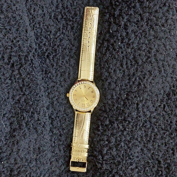 Cache gold watch with rhinestones, leather band, like new! - Picture 3 of 4